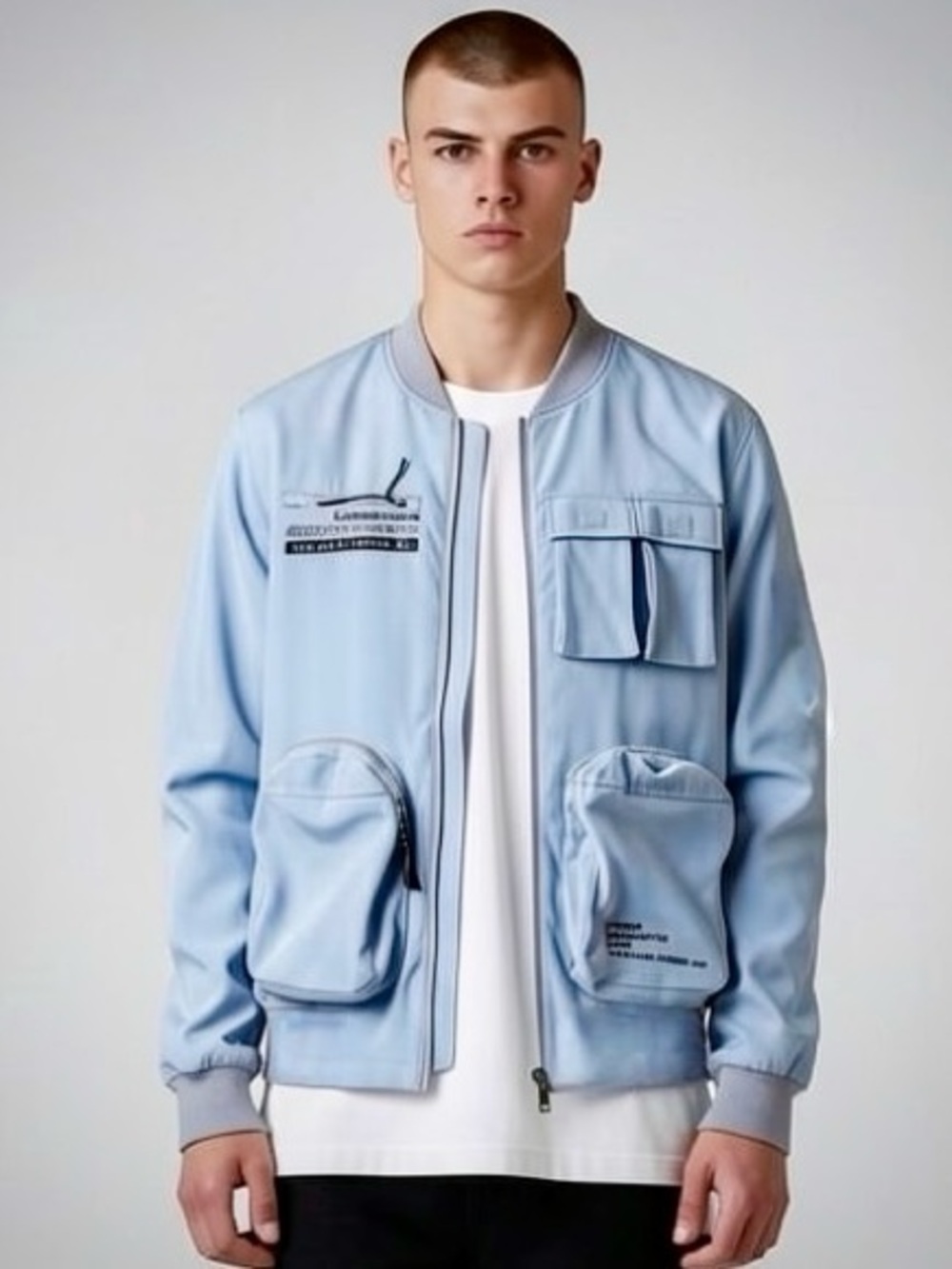 Encrypted NYC Utility Waterproof Bomber Jacket Size Medium Blue Cargo Streetwear